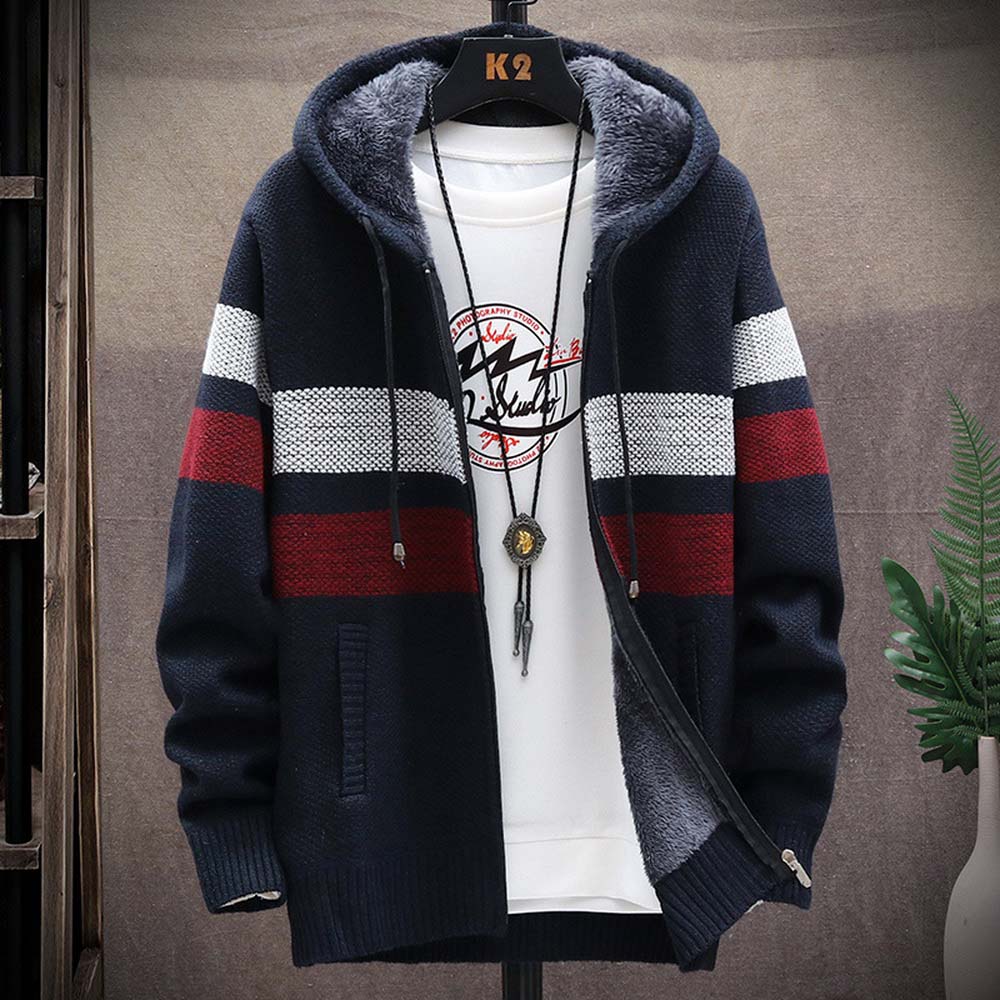 Men's Striped Sweater Coat Thi - Fleece Hoodie Lined ulasan dan harga