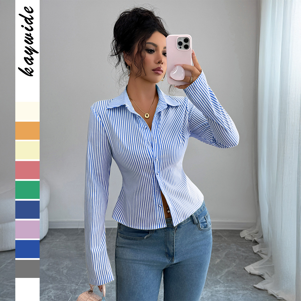 Casual Simple Striped Long-sle - Winter Clothing Dress Up ulasan dan harga