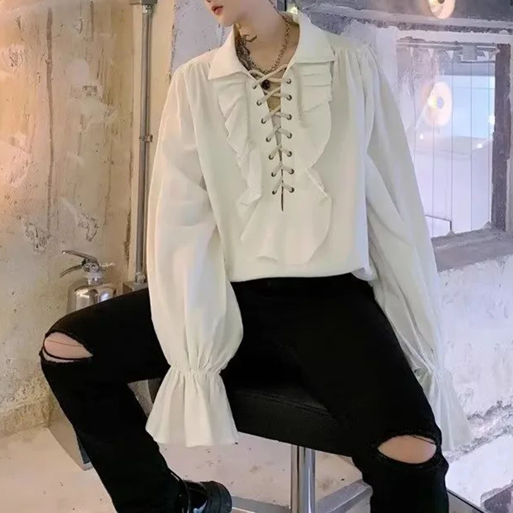 Mens Ruffled Long-Sleeved Shir - Winter Clothing Dress Up ulasan dan harga